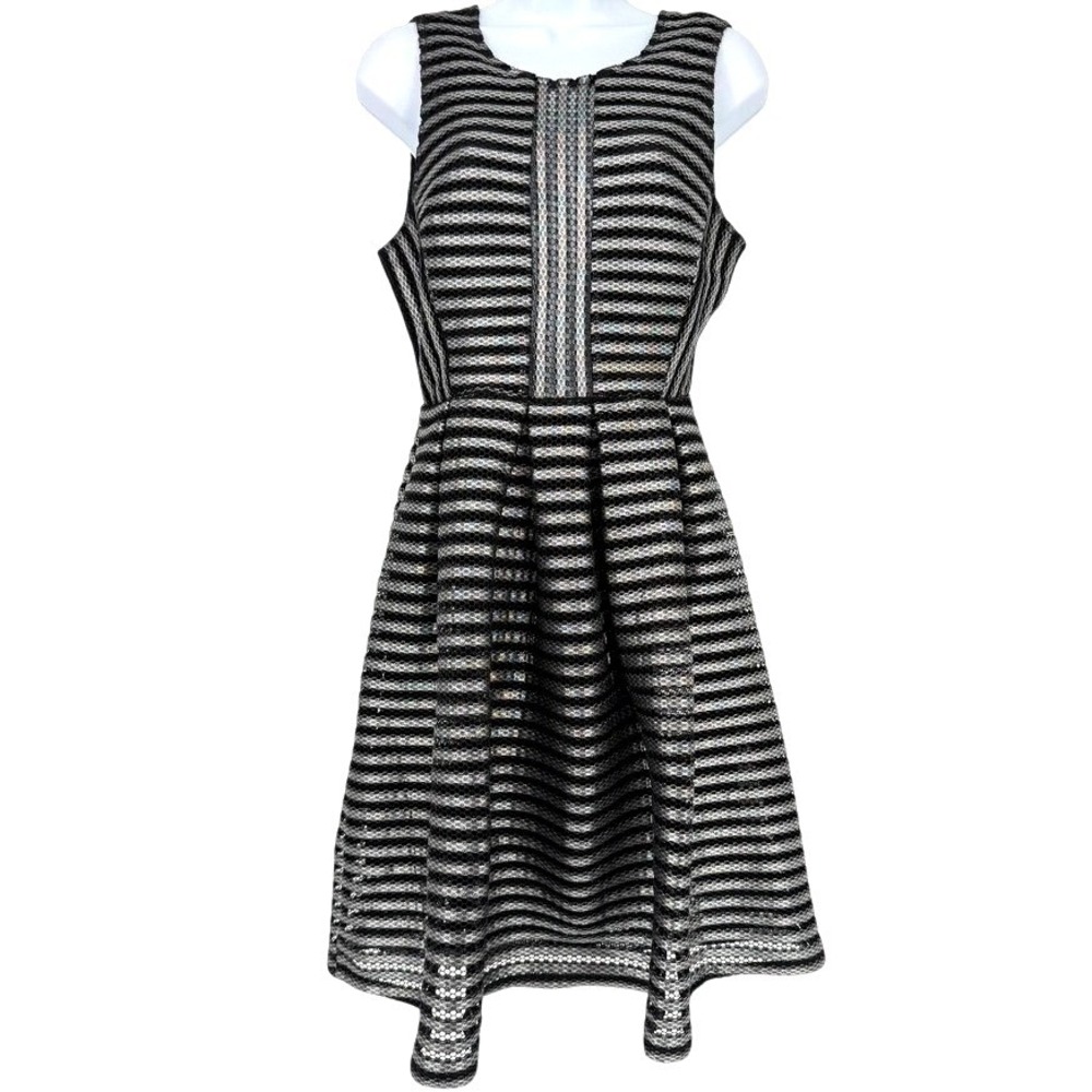 Monochrome Black Silver Striped Mesh Fit Flare Dress Glam Goth 50s Style M